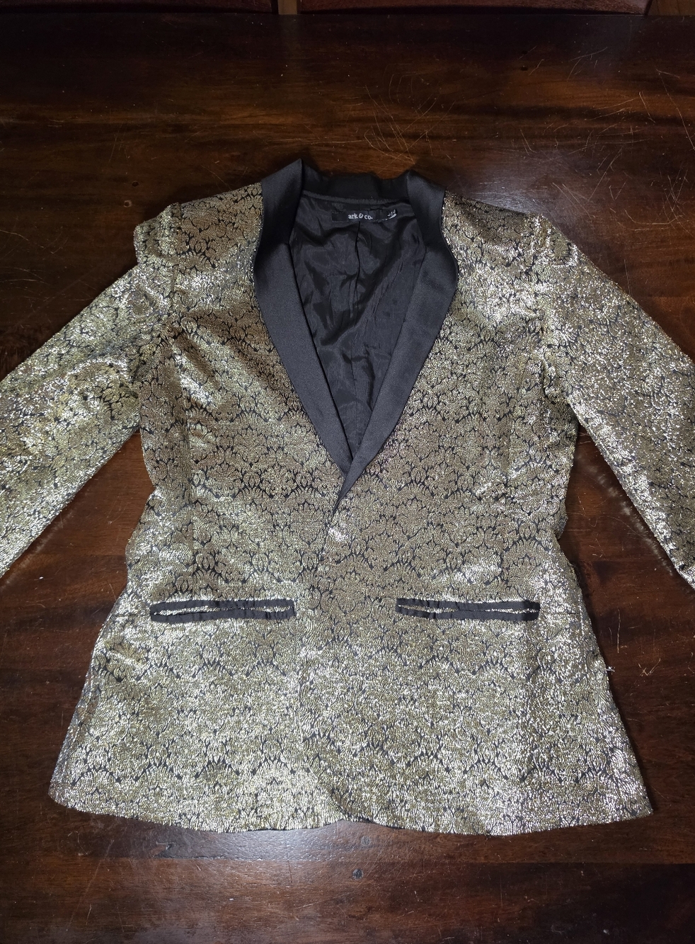 Women's Metallic Gold Brocade Blazer with Black Satin Trim